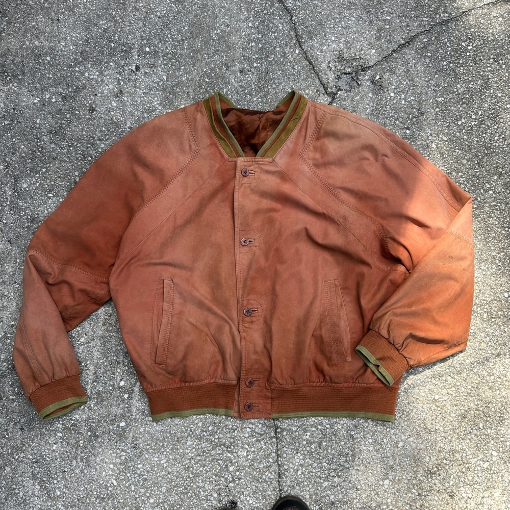 Vintage 80s Madras Italy Leather Bomber Jacket Terracotta Rust Mens 54 Large XL